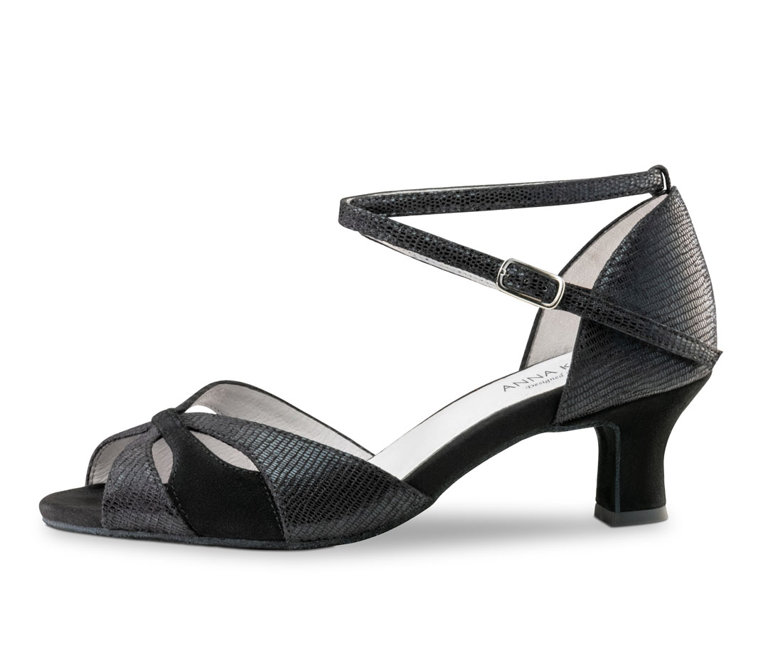 Eunice Sandalias de baile negras brillantes de Anna Kern, con tacón de 5 cm y tiras en el tobillo