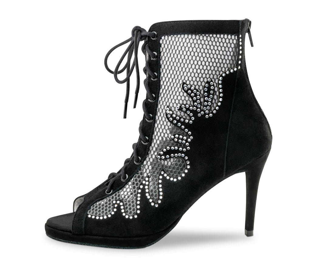 Botas de baile con tacón fino de 8 cm, confeccionadas en piel y malla, con detalles de strass, de Anna Kern