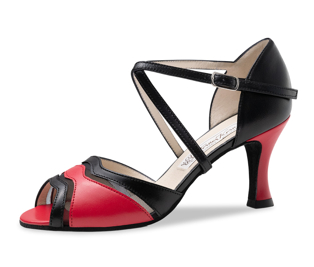 Portia Sandalia de danza roja y negra con tacón acampanado de 6,5 cm e inserciones de malla de Werner Kern