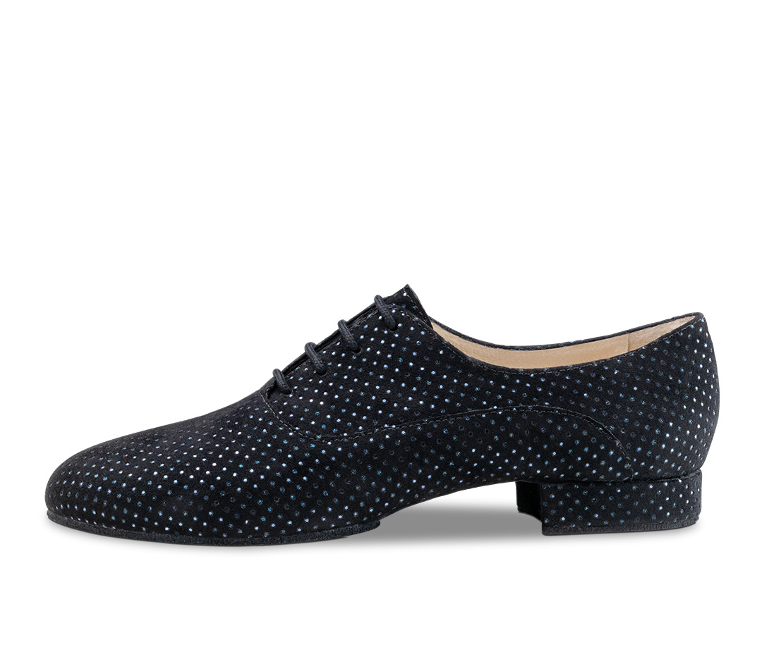 Brillante zapatilla de danza de entrenamiento en brocado negro y azul con suela partida para una movilidad óptima con cordones