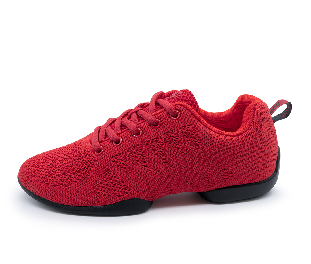 Zapatillas de baile rojas con suela negra dividida y cordones.