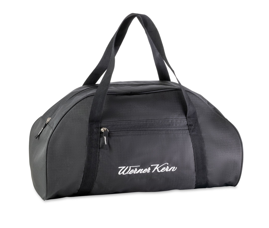 Bolso de baile negro con el logotipo de Werner Kern bordado en blanco