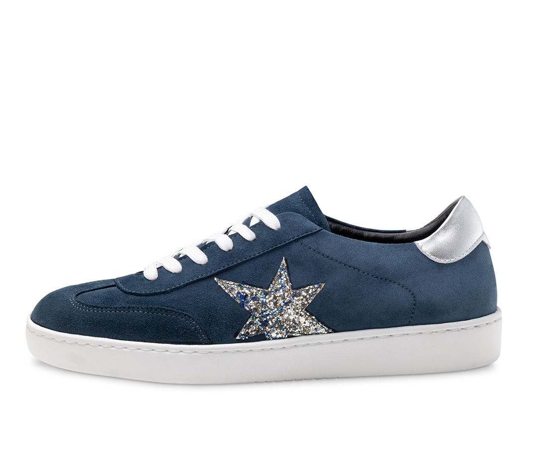 Zapatilla de baile azul oscuro con suela Allrounder blanca y estrella de brocado brillante de Werner Kern