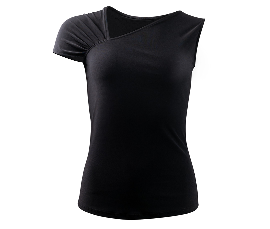 Top de danza slim-fit en negro con cuello en V asimétrico y diferentes diseños de mangas de Werner Kern