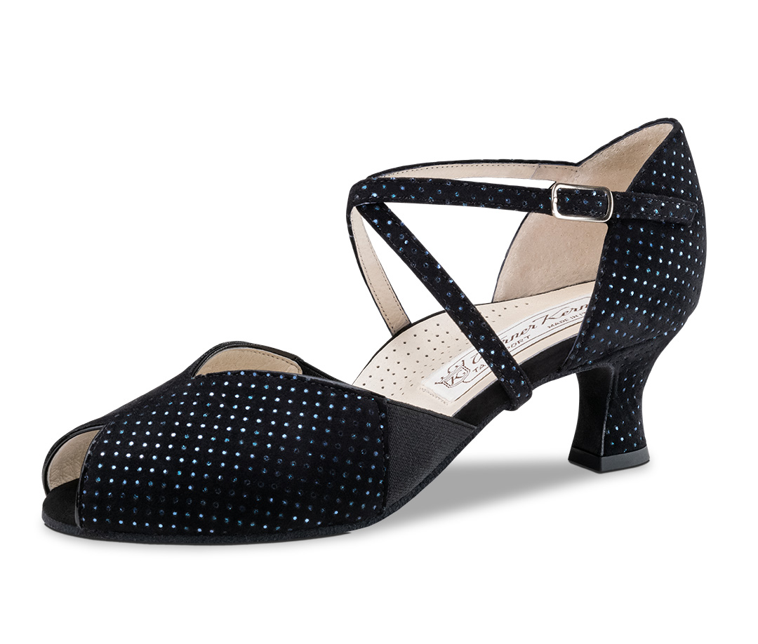 Sandalias de baile con tacón acampanado de 5 cm, plantilla cómoda e inserciones elásticas de Werner Kern en negro con detalles brillantes azules.
