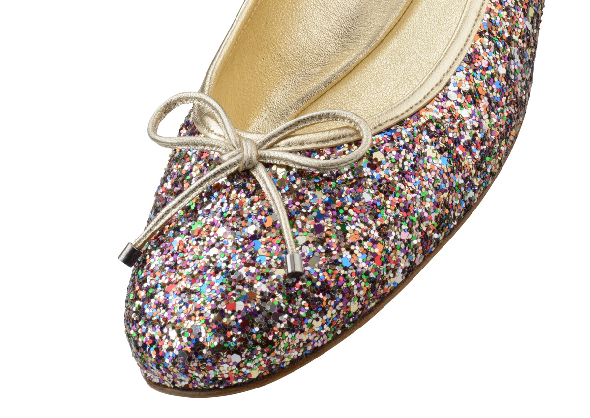 Candy Ballerina aus glitzer Brokat mit goldener Schleife und goldenem Innenfutter
