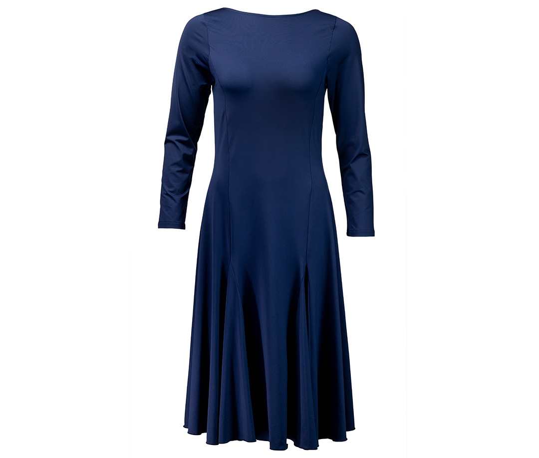 Vestido de danza ceñido a la figura con amplia falda oscilante de largo midi y elegante azul ahumado de Werner Kern