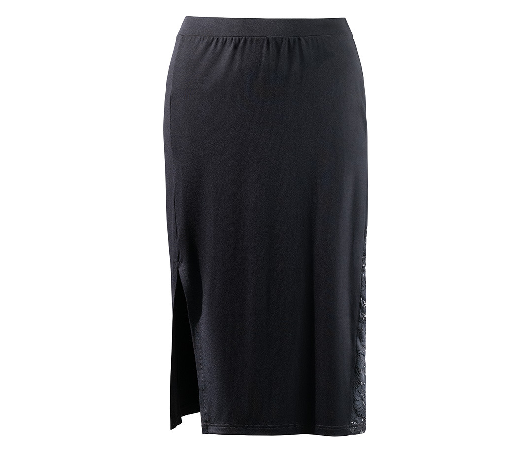 Elegante falda de baile negra hasta la rodilla con detalle de encaje lateral y abertura delantera de Werner Kern