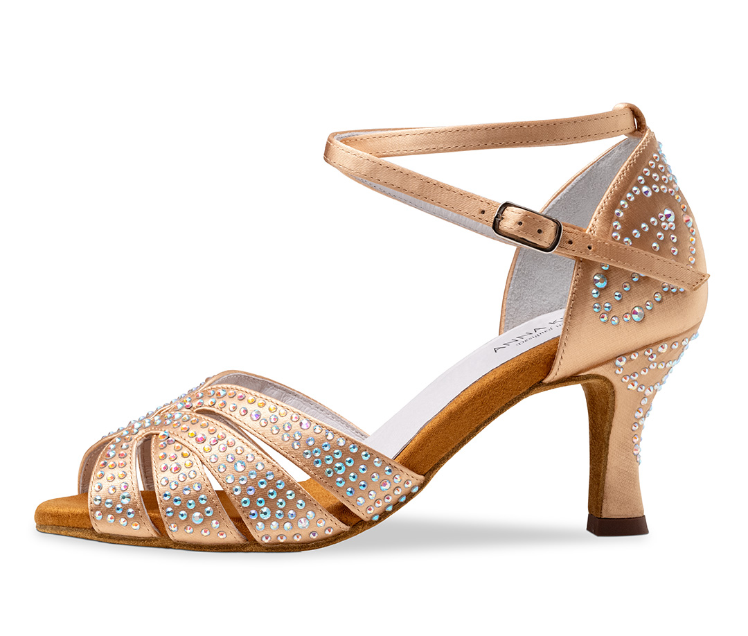 Zapatos de baile latino en tono bronce claro con pedrería y tacón acampanado de 6 cm de Anna Kern.