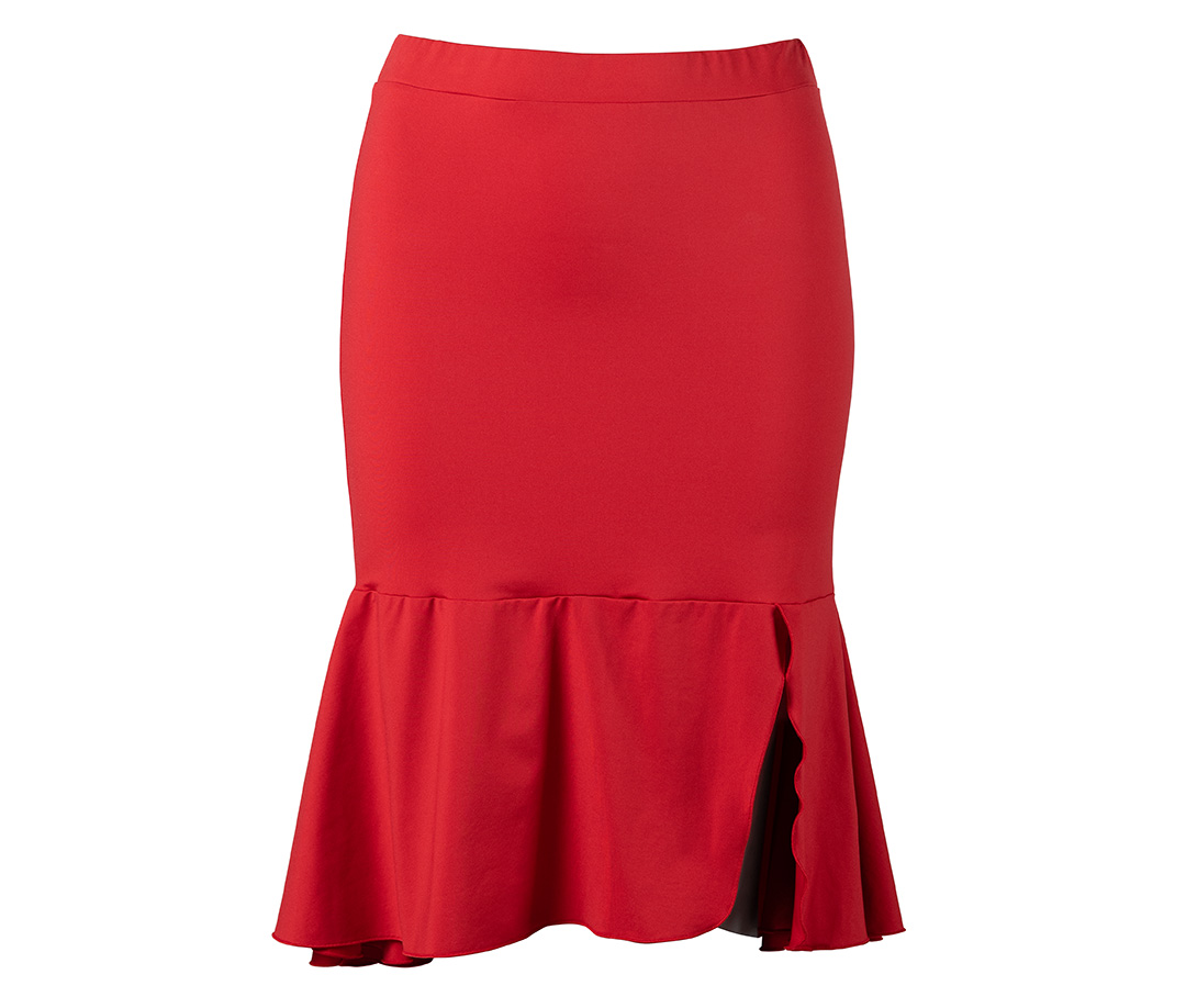 Falda de baile roja, estrecha hasta la rodilla con volantes de Werner Kern