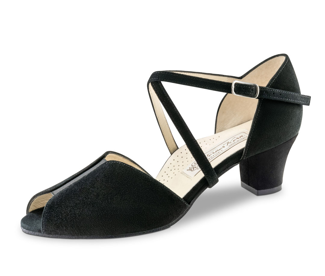 Sandalias de baile con inserto de goma para un ajuste perfecto, confeccionadas en ante negro y con tacón grueso de 4,5 cm, de Werner Kern
