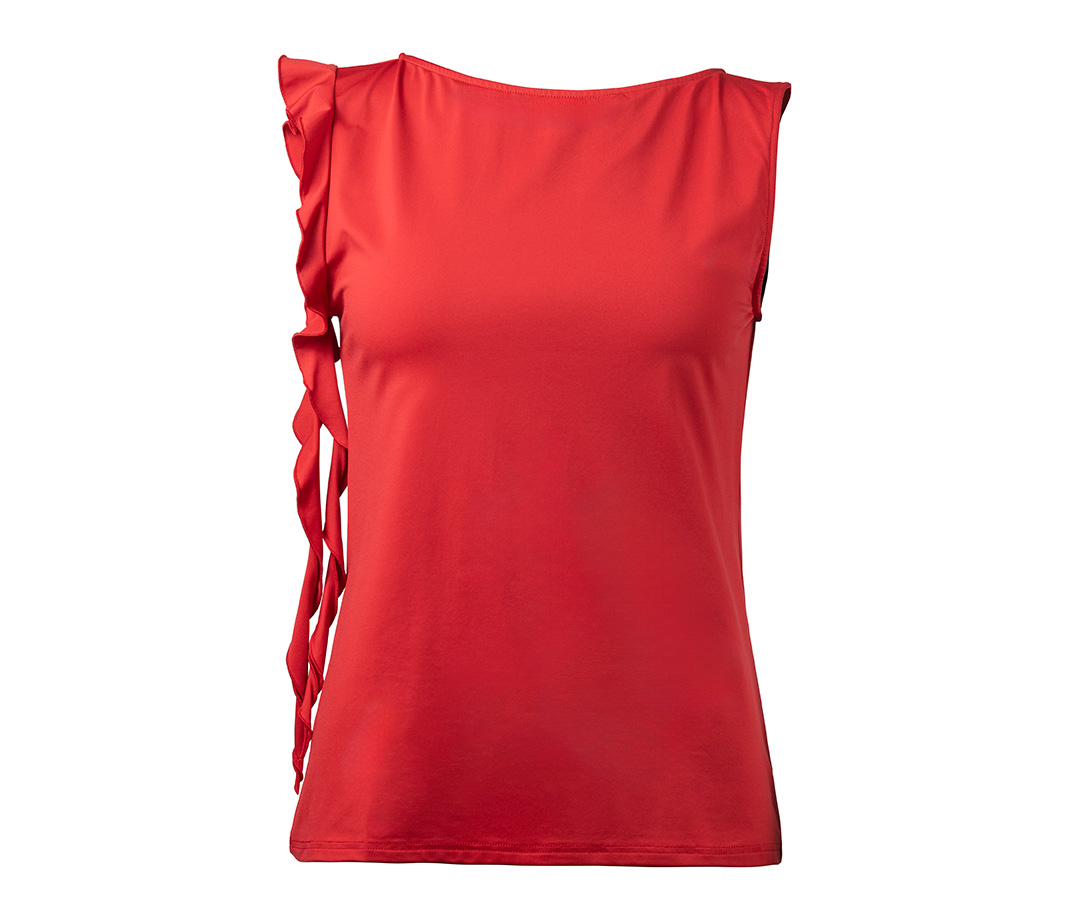 Top de danza en rojo de Werner Kern con un pequeño detalle de volante en la sisa derecha