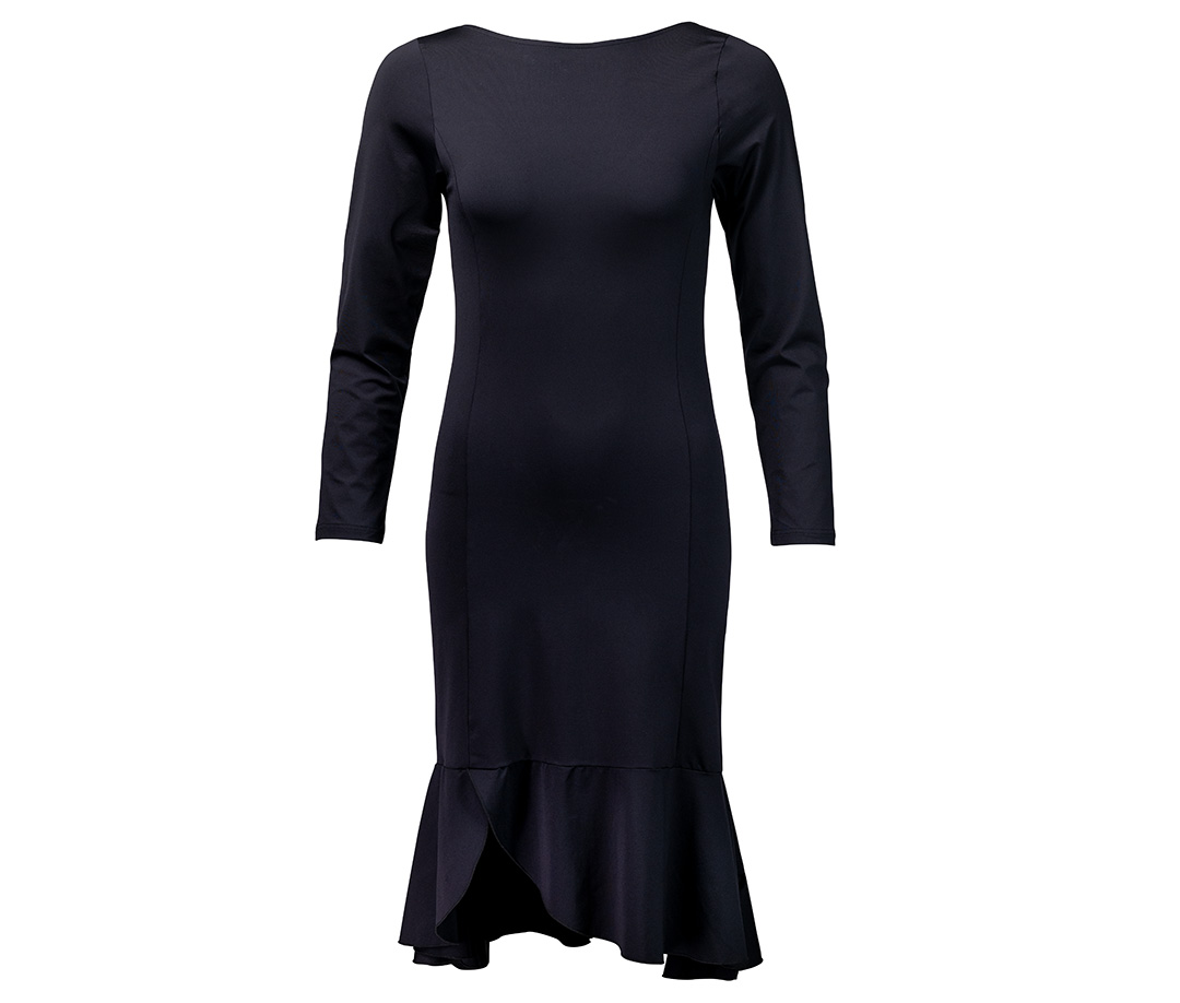 Vestido de baile atemporal Zuri en negro con dobladillo de volantes y abertura lateral de Werner Kern