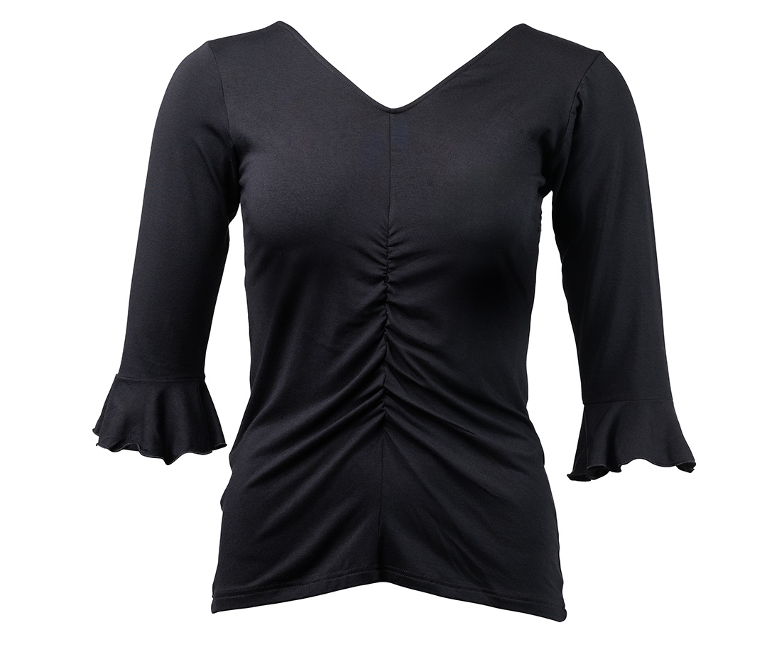 Top de baile femenino Talvi en negro con cuello en V y mangas con volantes - para salsa, tango y co