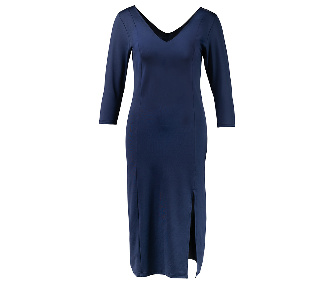 Vestido de baile azul ahumado, largo hasta la rodilla, con abertura en la pierna y mangas largas, de Werner Kern