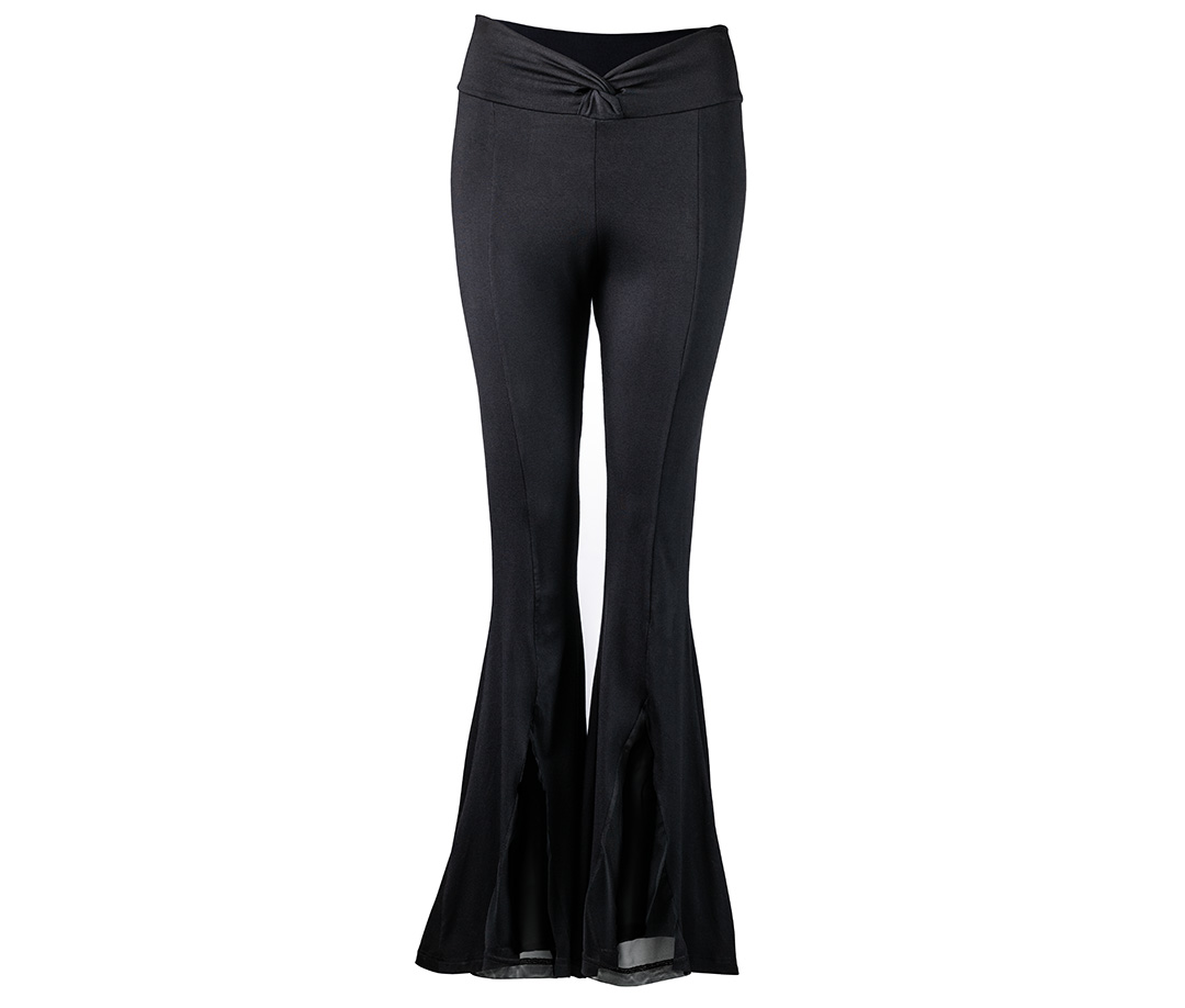 Pantalón de danza para mujer Nisha en negro con inserciones de malla y acampanado para latino y estándar.