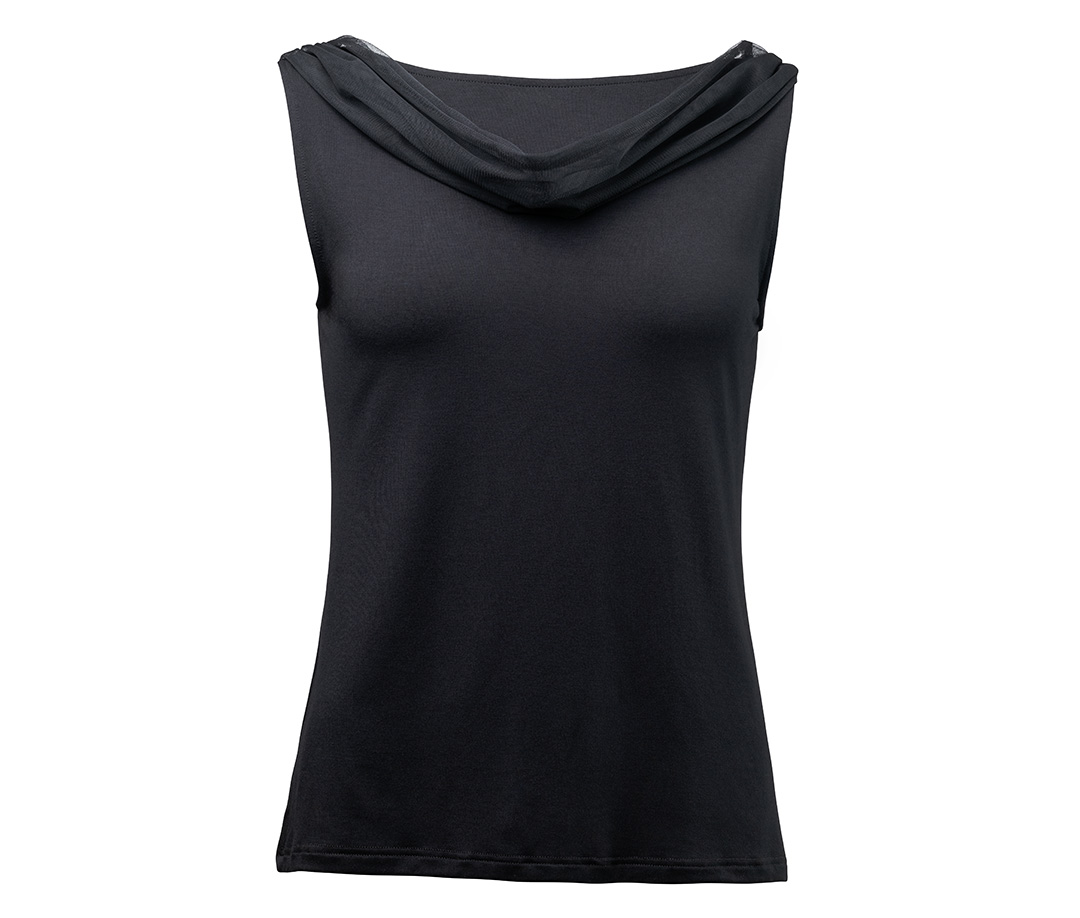 Top de baile para mujer Auri en negro - elegante top de bambú con recorte en la espalda e inserciones de tul, ideal para salsa, tango y otros bailes.