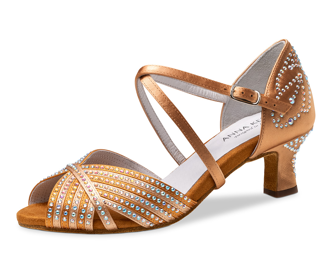 Sandalias de baile color bronce con pedrería y tacón acampanado de 5 cm de Anna Kern.