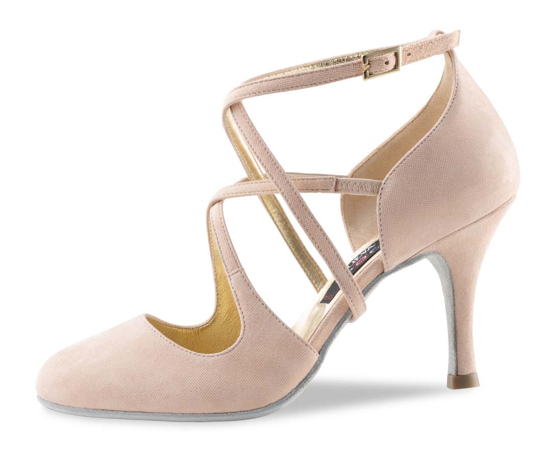 Valeria geschlossener Damentanzschuh in beigem Velours von Nueva Epoca