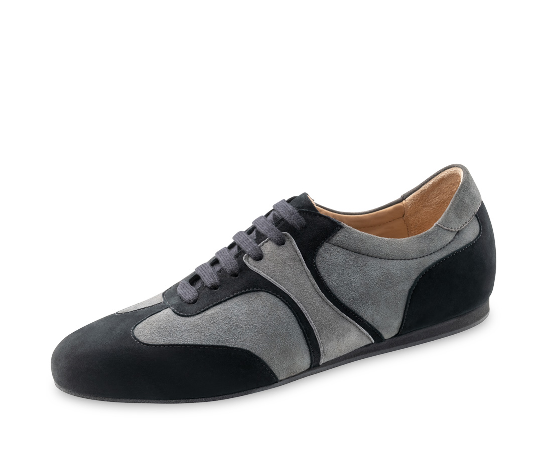 Parma Herren Tanzsneaker Parma - Werner Kern in grau-schwarzem Velours, elegante und schlichte Vollleder-Sneaker, sportliche Eleganz mit klaren Linien, herausnehmbares Wechselfußbett für eigene orthopädische Einlagen, fantastisch bequeme Absatzhöhe von 1,5 cm