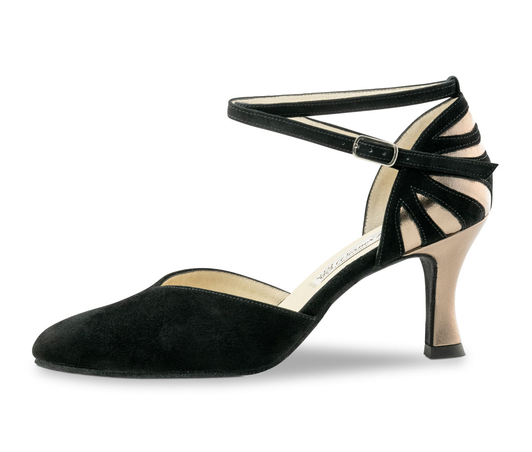 Sandalias de baile de Werner Kern en piel de ante negra con incrustaciones en color platino en el talón y un tacón acampanado de 6,5 cm 
